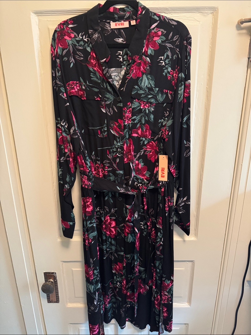 EVRI Black Floral Shirt Dress with Pink & Green Accents
